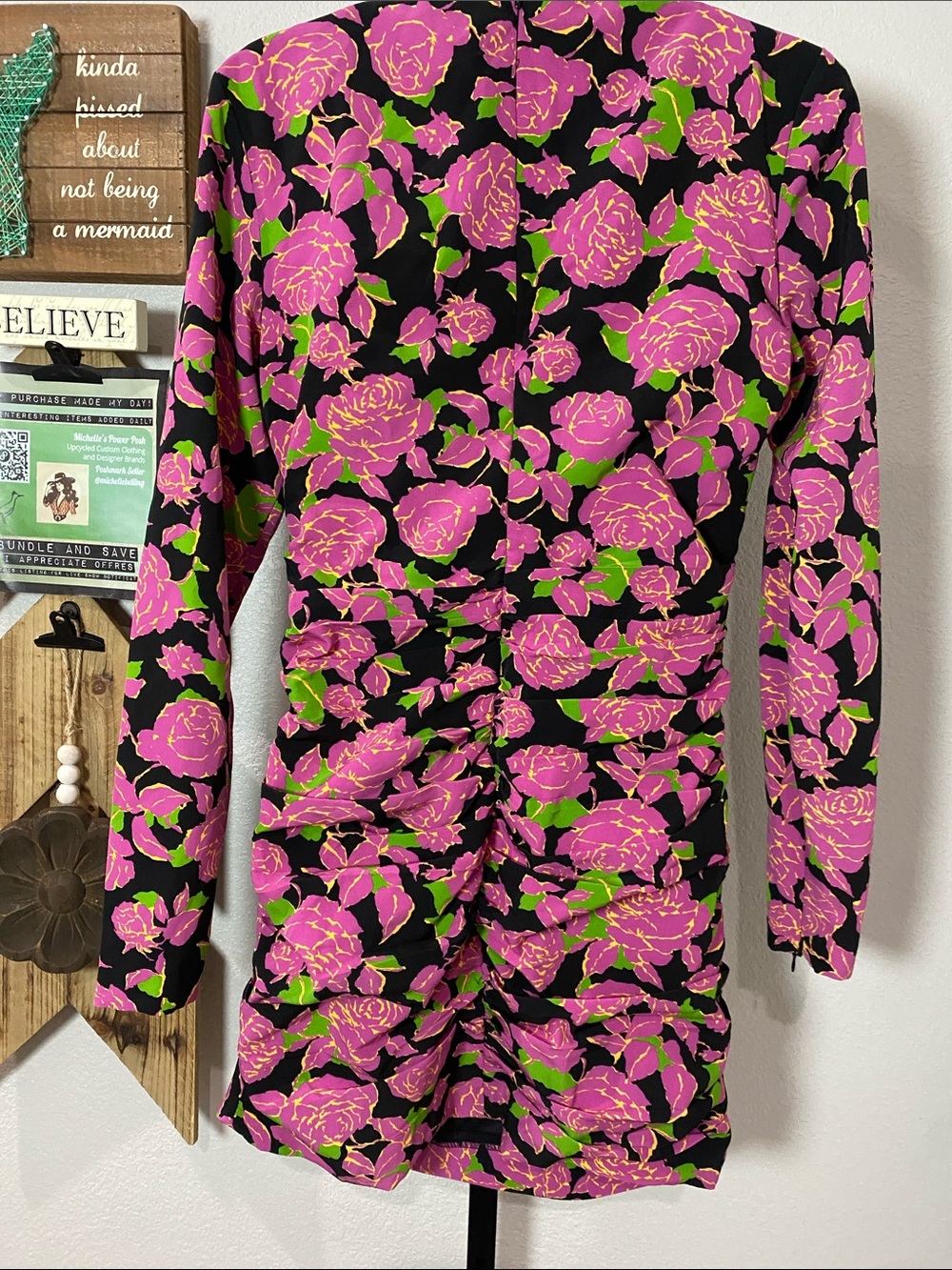 Zara Pink & Green Floral Long Sleeve Mini Dress pp19 L35 - Picture 6 of 6